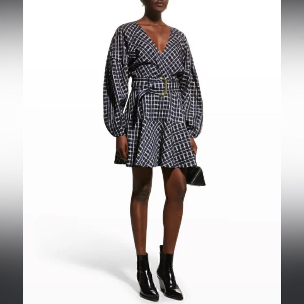 NWTs Tanya Taylor Nicola Puff-Sleeve Belted Check Mini Dress Size 2 - Picture 4 of 13